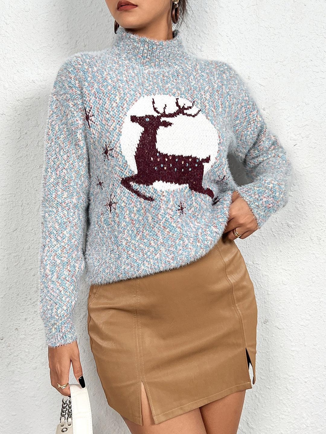 Damen Kuscheliger Weihnachtspullover mit hohem Kragen und festlichem Rentiermotiv Drune