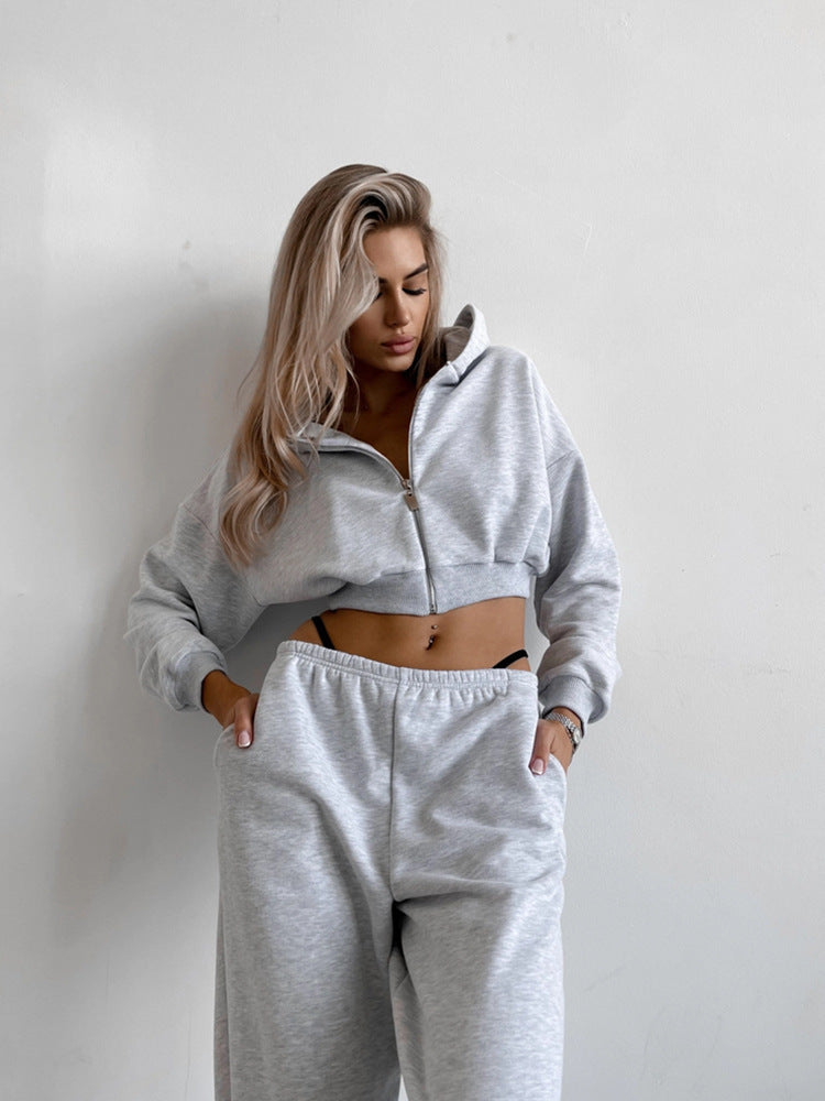 Damen Zweiteiliges Cropped-Zip-Hoodie Set mit taillenhoher Relax-Jogginghose und elastischem Bund Drune