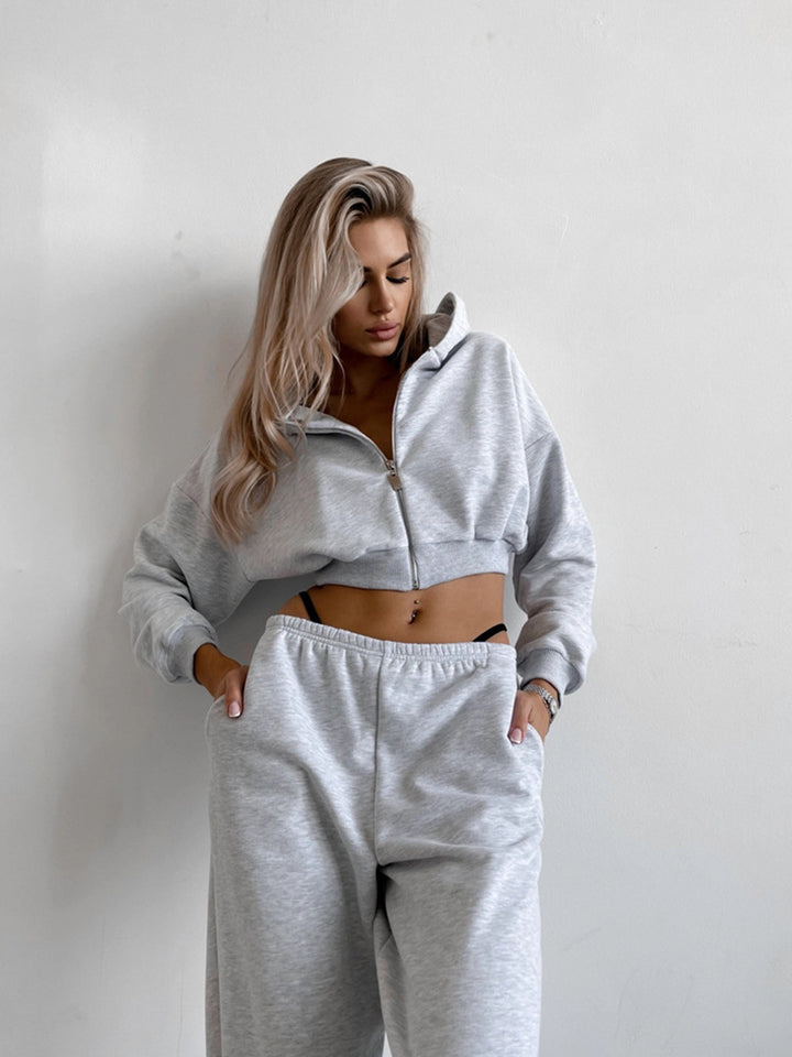Damen Zweiteiliges Cropped-Zip-Hoodie Set mit taillenhoher Relax-Jogginghose und elastischem Bund Drune