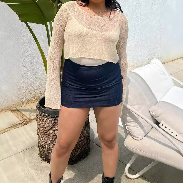 Damen luftiges Strickoberteil mit weitem Schnitt und eleganten Trompetenärmeln Drune