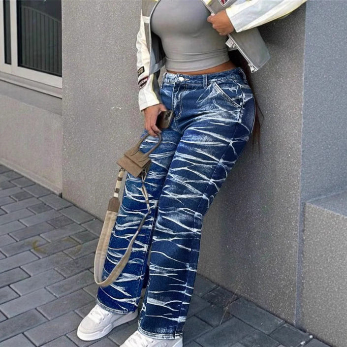 Damen High-Waist Straight-Jeans mit bleached Wave-Muster und Relaxed-Passform Drune