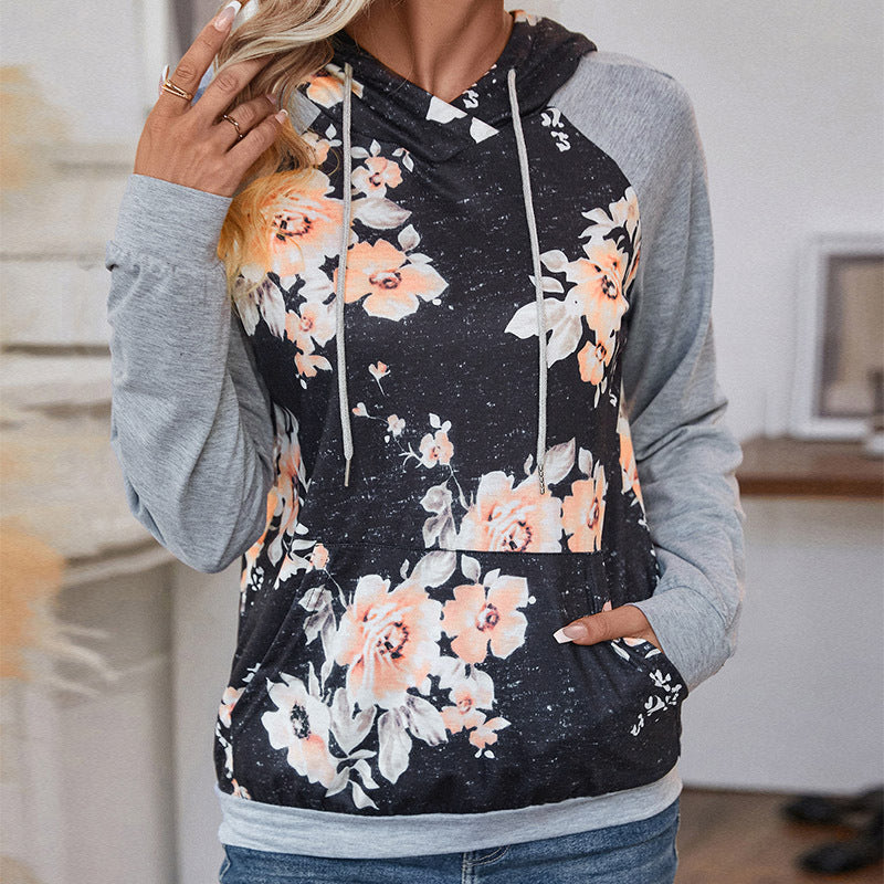 Damen Casual-Kapuzenpullover mit floralem Vintage-Print, Raglanärmeln und Kängurutasche Drune