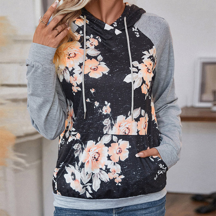 Damen Casual-Kapuzenpullover mit floralem Vintage-Print, Raglanärmeln und Kängurutasche Drune