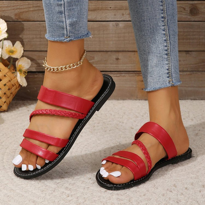 Damen nan flache Mehrfachriemen-Sandalette mit geflochtenem Zierriemen und gesteppter Sohlennaht Drune