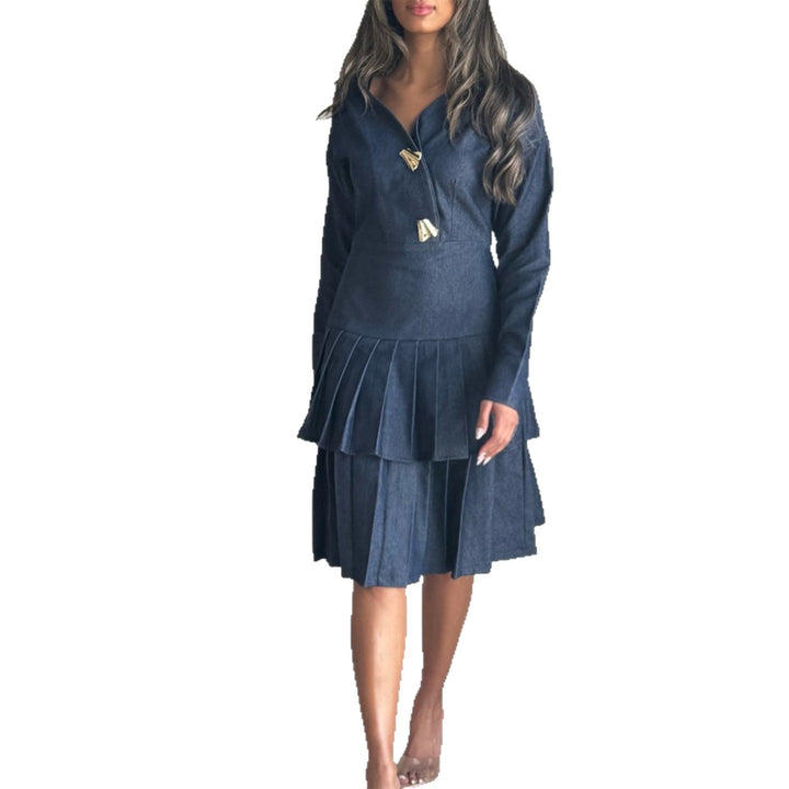Damen Hemdblusenkleid mit Plissee-Saum und modischen Knopfdetails Drune