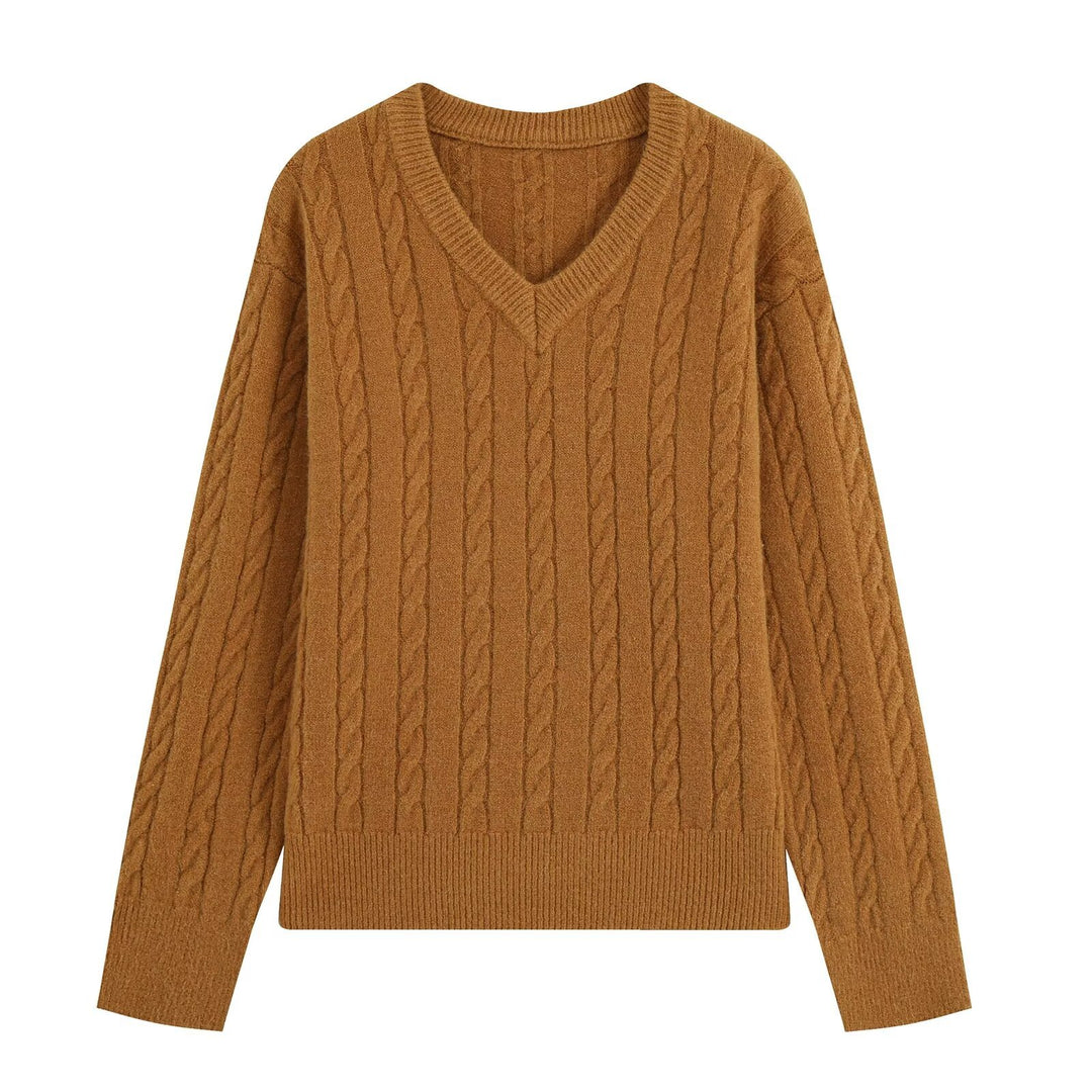 Damen Oversize Zopfmuster-Pullover mit V-Ausschnitt und breitem Rippbündchen Drune