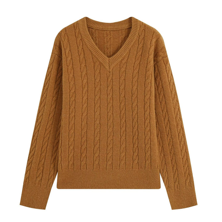 Damen Oversize Zopfmuster-Pullover mit V-Ausschnitt und breitem Rippbündchen Drune