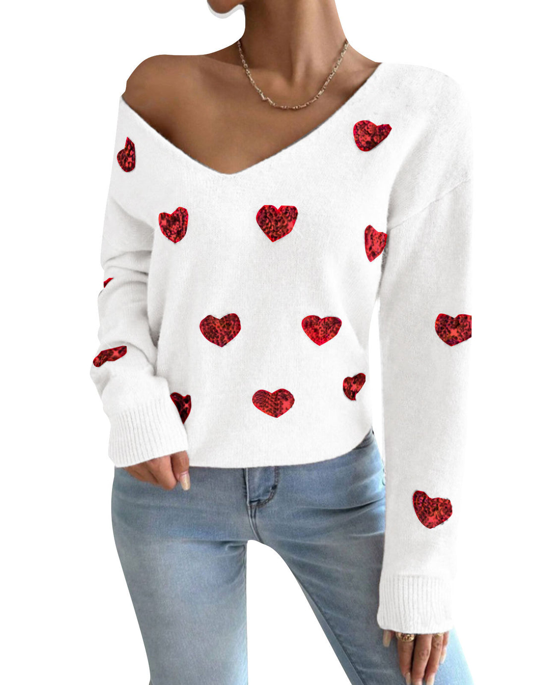 Damen Oversized Pullover mit tiefem V-Ausschnitt und Herzmotiv Drune