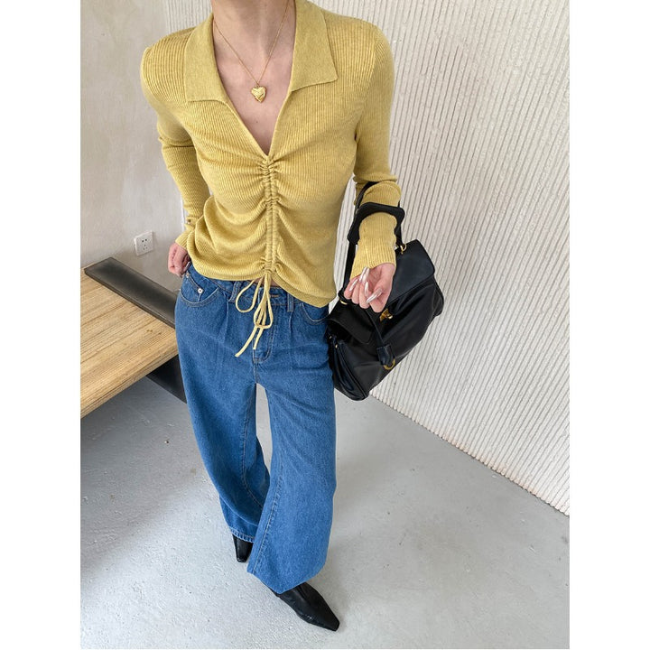 Damen figurbetontes Rippenshirt mit Schnürdetails Drune