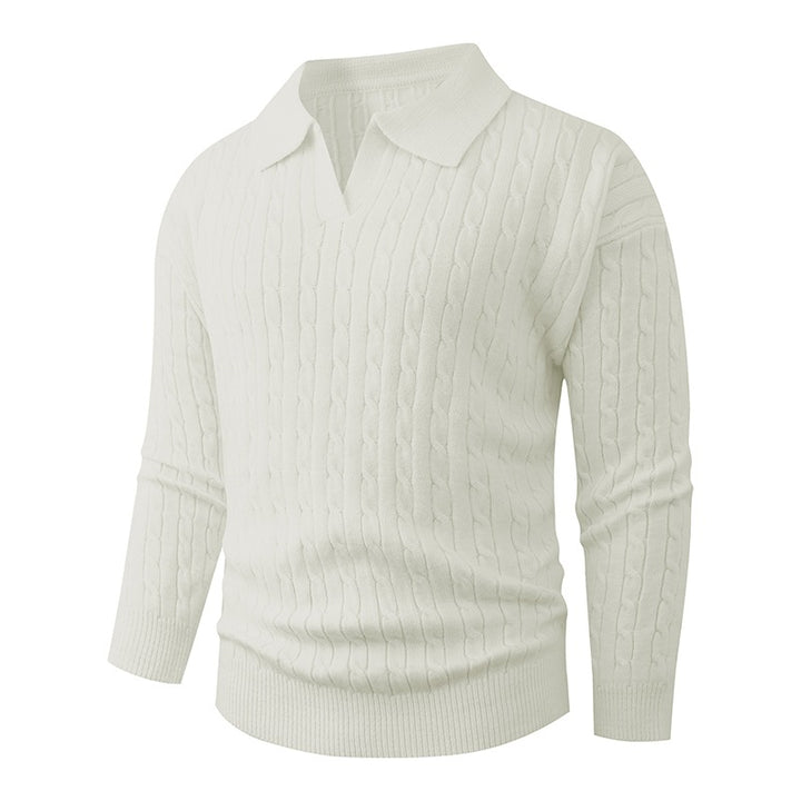 Herren Kabelstrick-Polo-Pullover mit V-Ausschnitt und Zopfmuster Drune