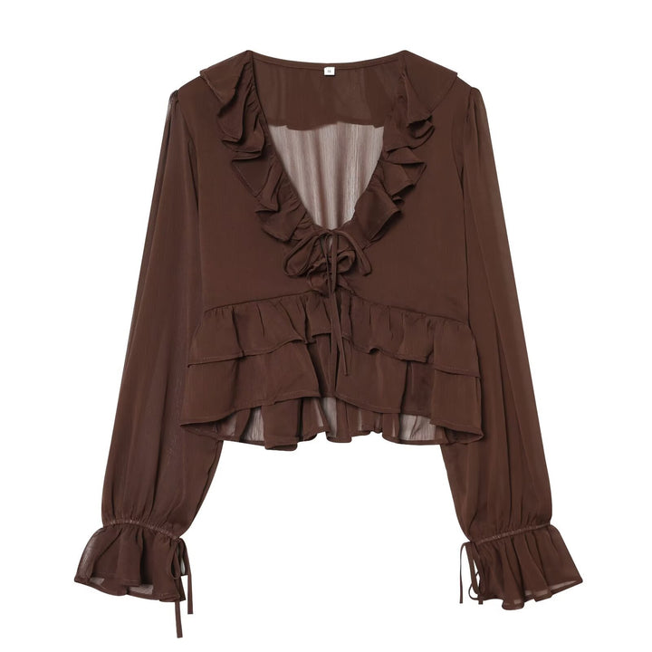 Damen Chiffon-Croppedbluse mit Rüschenvolant, Bindeband und Ballonärmeln Drune