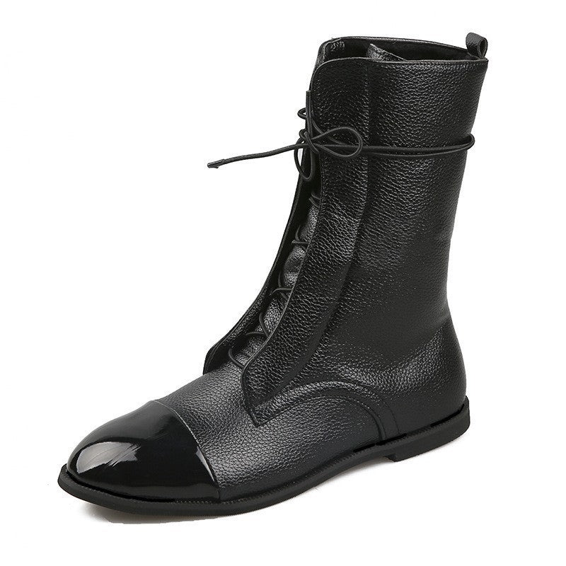 Damen Lederoptik-Schnürstiefelette mit glänzender Zehenkappe und niedrigem Blockabsatz Drune