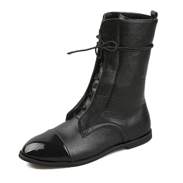 Damen Lederoptik-Schnürstiefelette mit glänzender Zehenkappe und niedrigem Blockabsatz Drune