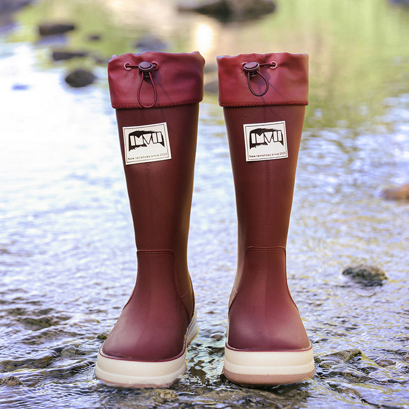 Damen kniehohe wasserdichte Gummistiefel mit verstellbarem Kordelabschluss Drune