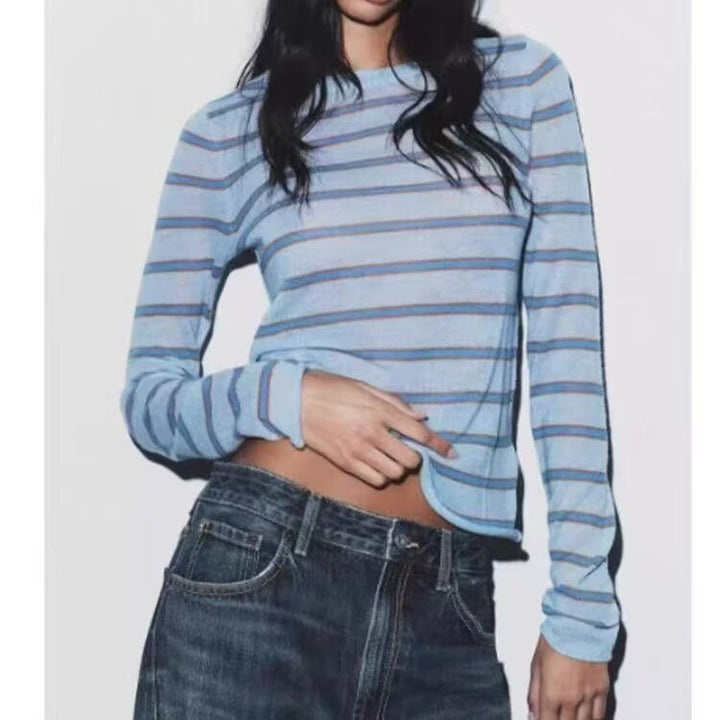 Damen Feinstrick-Pullover im Slim-Fit mit Rundhals und horizontalen Kontraststreifen Drune