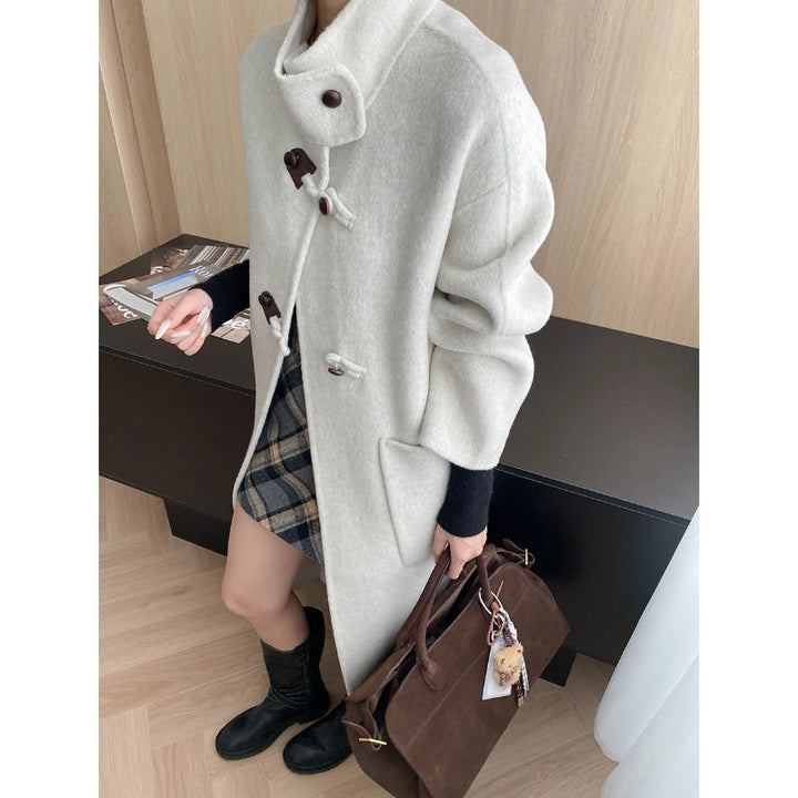 Damen eleganter Wollmantel mit asymmetrischem Kragen und vintage Knopfdetails Drune