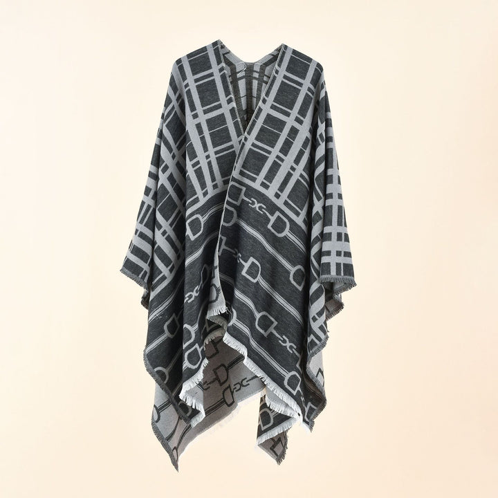 Damen Jacquard-Umhang mit Steigbügel‑Motiv und Fransensaum Drune