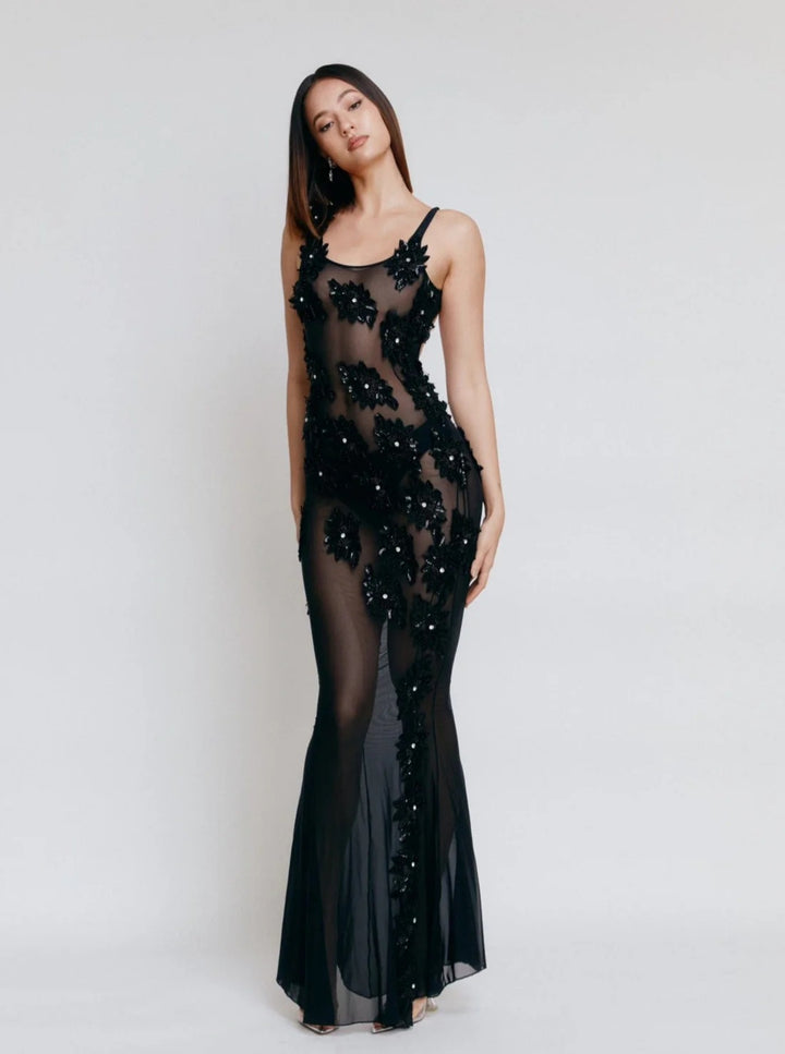 Damen Elegantes Semi-Transparente Abendkleid mit floralen Pailletten und figurbetontem Schnitt Drune