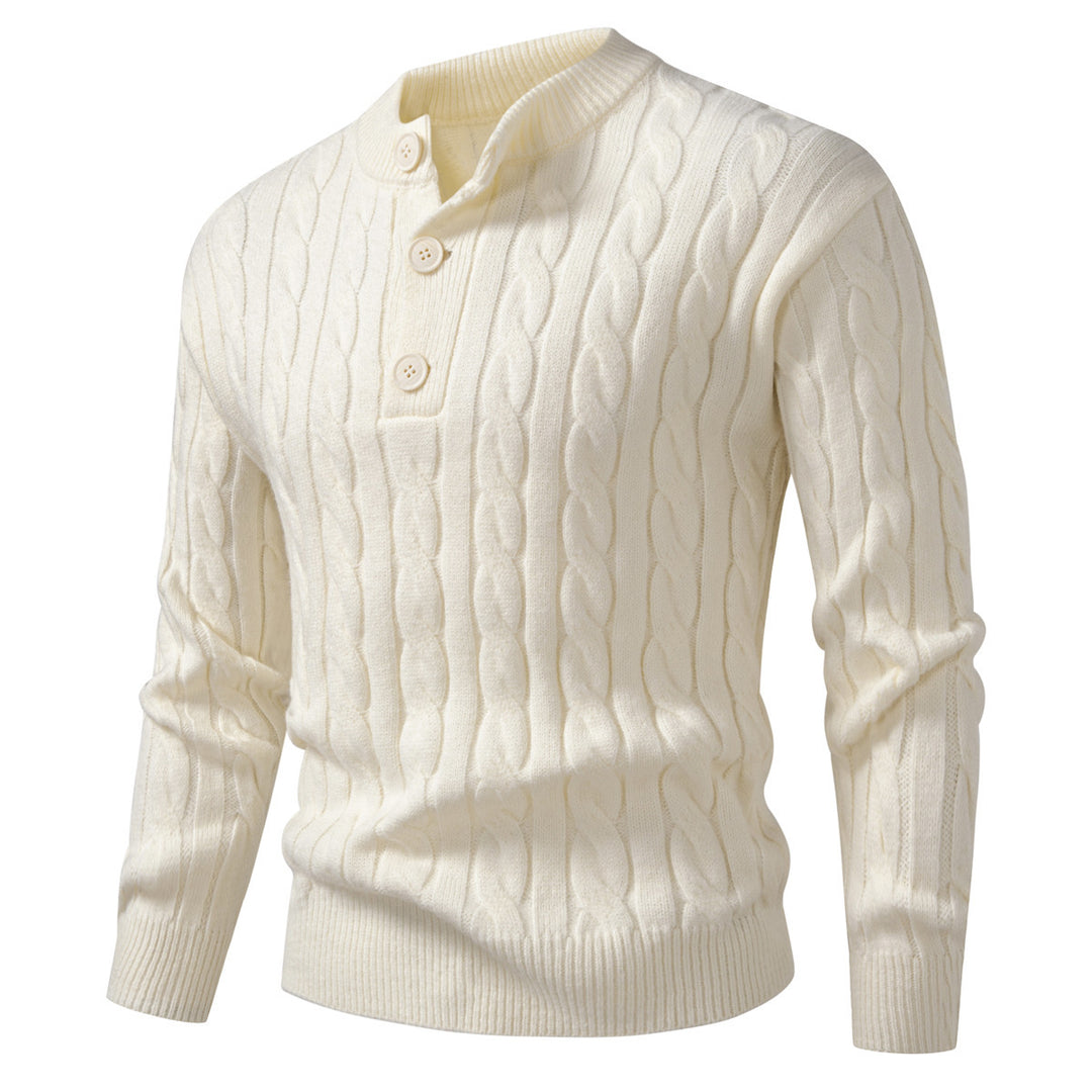 Herren Zopfmuster-Pullover mit kurzer Knopfleiste und Stehkragen Drune
