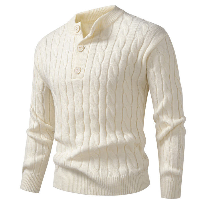 Herren Zopfmuster-Pullover mit kurzer Knopfleiste und Stehkragen Drune