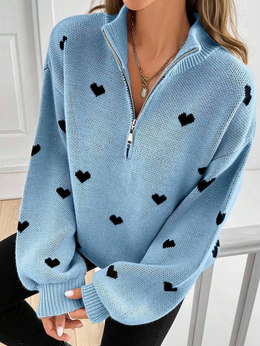 Damen Oversize Strickpullover mit Half-Zip und Herzmotiv Drune