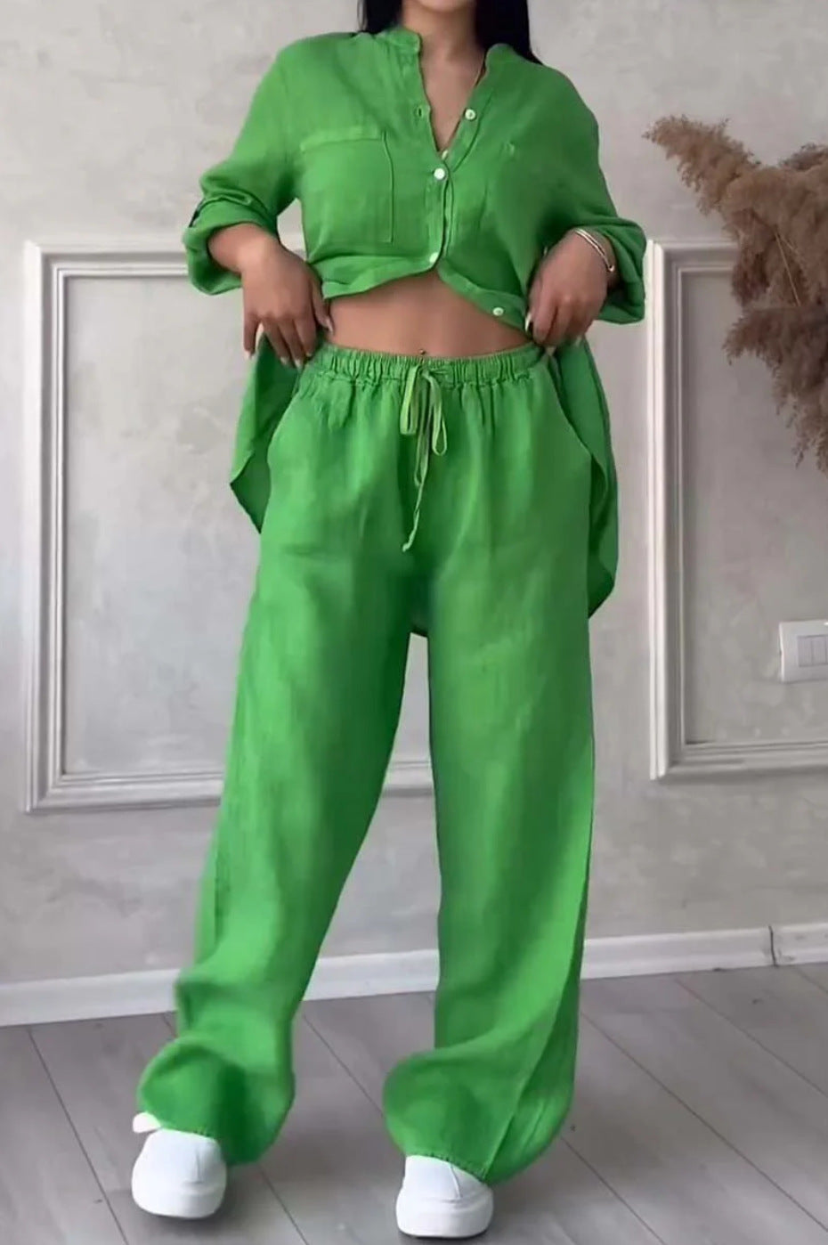 Damen nan lässiges Leinen-Zweiteiler Set mit lockerer Hemdbluse, aufgesetzten Brusttaschen und elastischer Tunnelzug-Hosenbund Drune