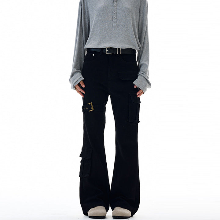 Damen Cargo-Flared-Jeans mit hoher Bundlinie, Utility-Taschen und Beinschnalle Drune
