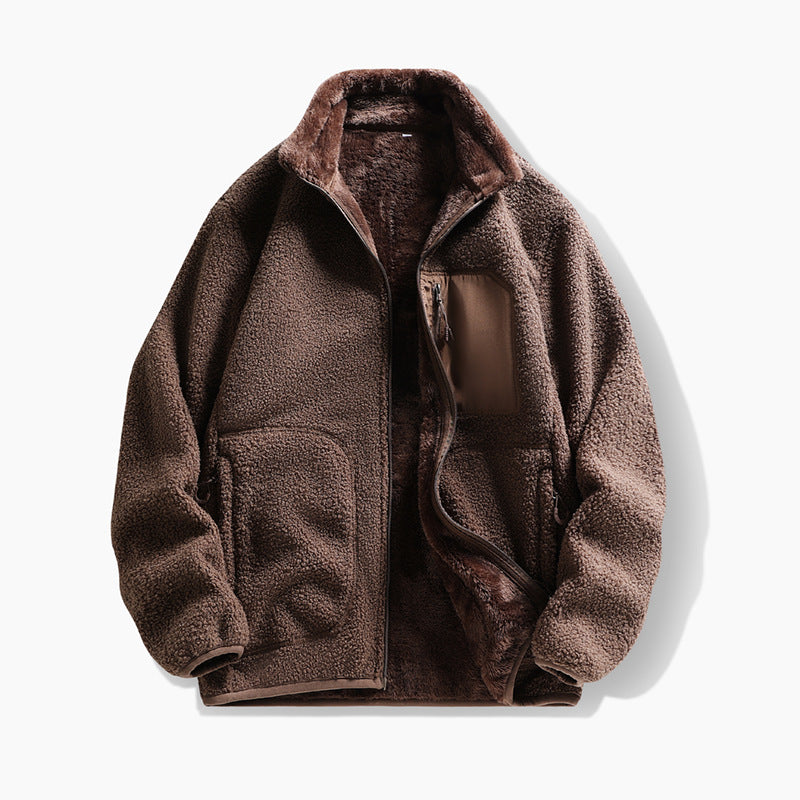 Herren Teddy-Fleecejacke mit Stehkragen, Kängurutaschen und Brust-Reißverschlusstasche Drune