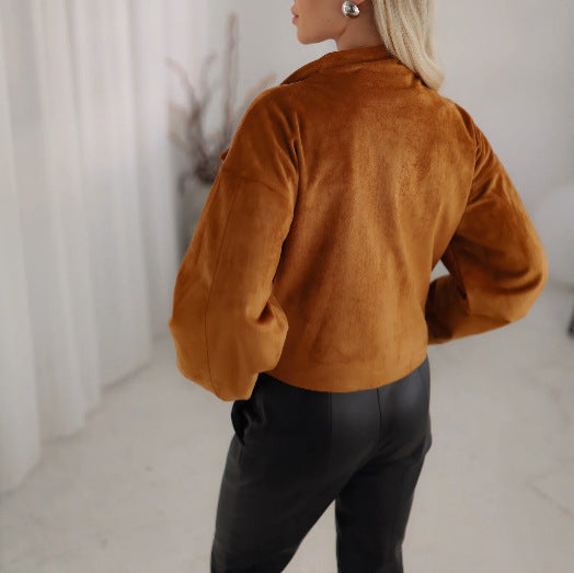 Damen Trendige Kurzjacke im lässigen Biker-Stil mit asymmetrischem Reißverschluss und tiefem Kragen Drune