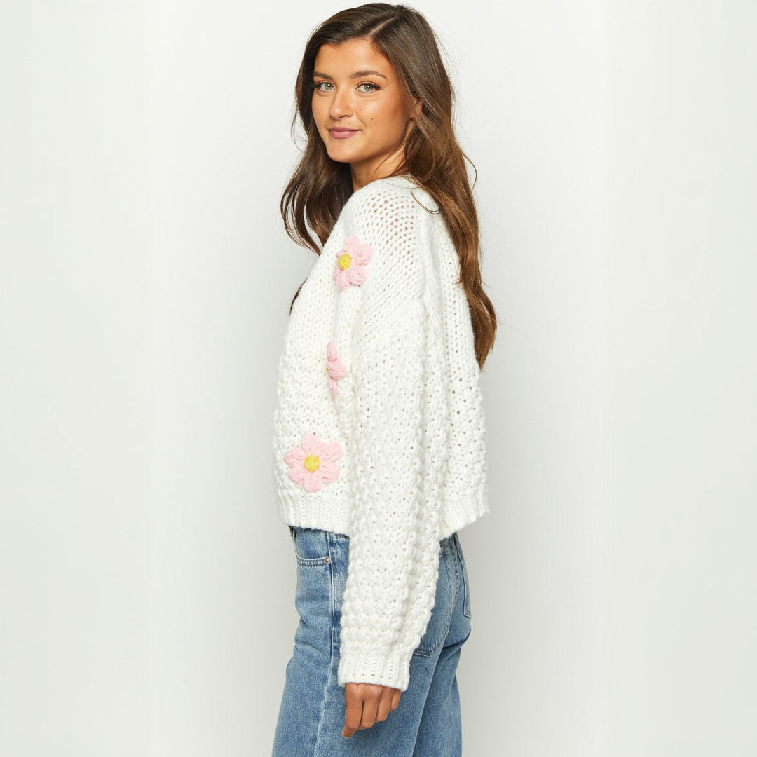 Damen Kurzer Grobstrick-Cardigan mit 3D-Blütenapplikationen und Ballonärmeln Drune