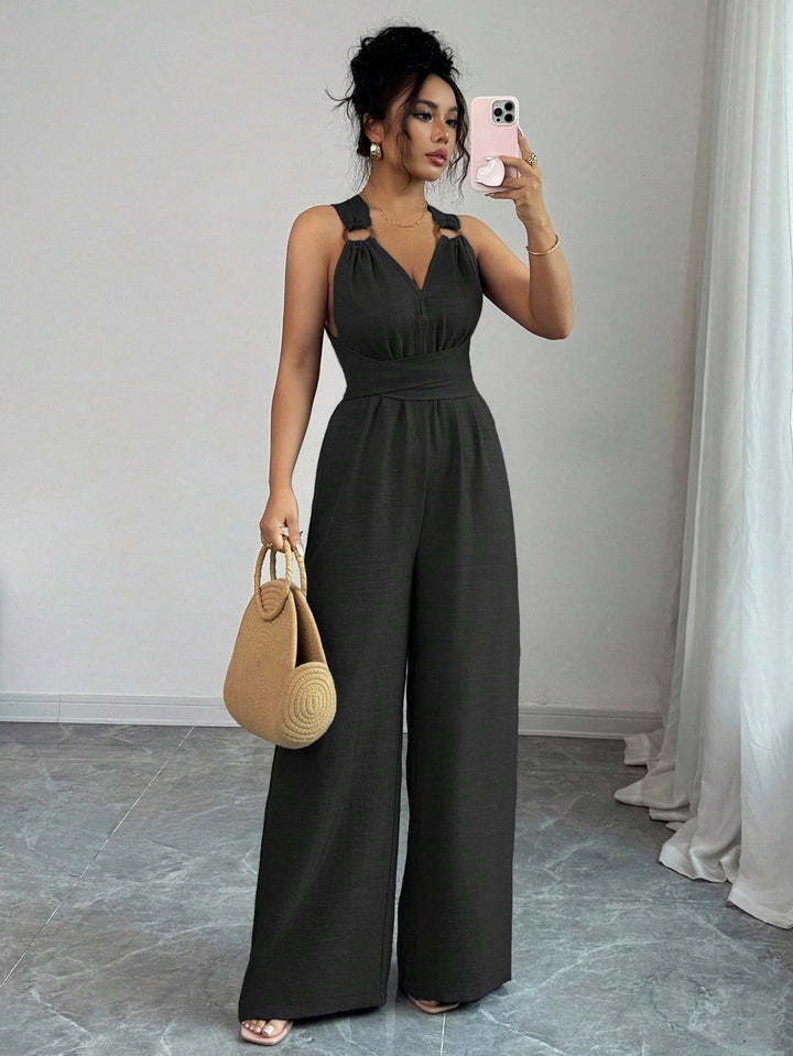 Damen Jumpsuit mit weitem Bein, tailliertem Wickelband und Ösen-Trägern Drune