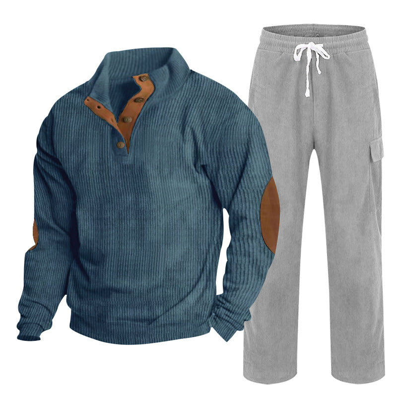 Herren Gemütliches Freizeit-Set aus Waffelstrick-Henley mit Ellenbogenpatch und Relax-Cargo-Hose Drune