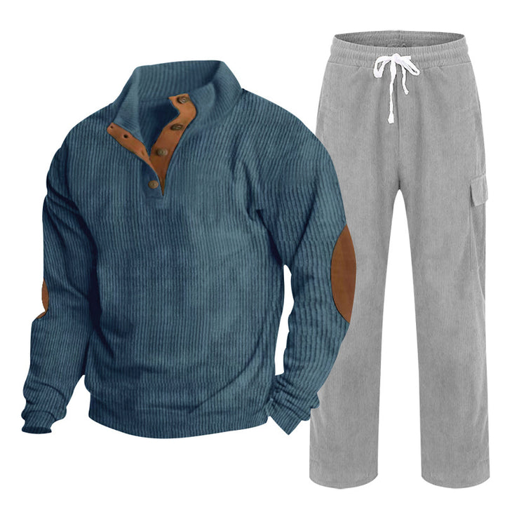 Herren Gemütliches Freizeit-Set aus Waffelstrick-Henley mit Ellenbogenpatch und Relax-Cargo-Hose Drune