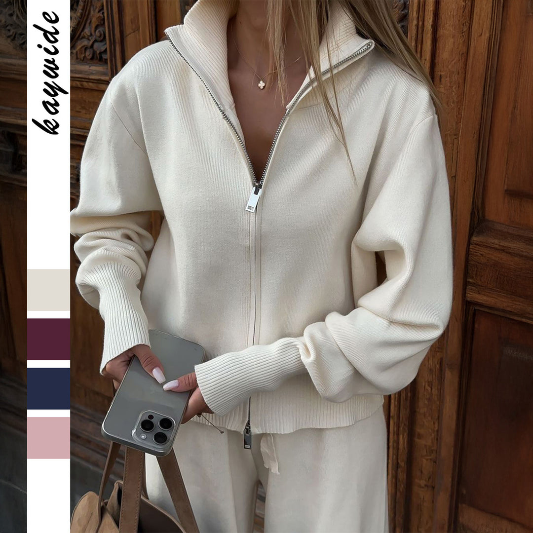 Damen nan Strick-Loungewear-Set mit halbhohem Kragen, Reißverschluss und weitem Highwaist-Hose Drune