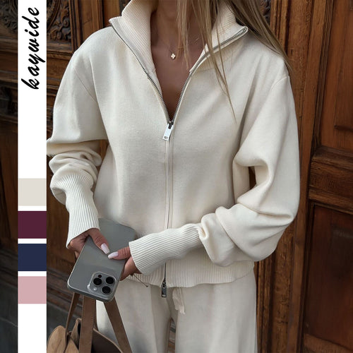 Damen nan Strick-Loungewear-Set mit halbhohem Kragen, Reißverschluss und weitem Highwaist-Hose Drune