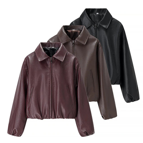 Damen nan cropped Glanz-Kunstlederjacke im Bomberstil mit Hemdkragen und elastischem Saum Drune