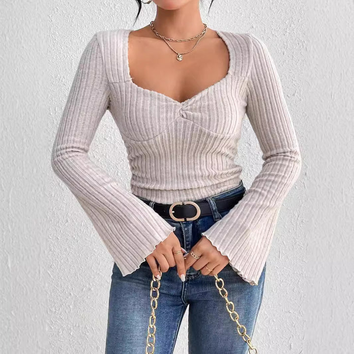 Damen geripptes Langarm-Top mit herzförmigem Dekolleté Taillennaht Twist-Detail und Trompetenärmeln Drune