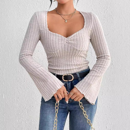 Damen geripptes Langarm-Top mit herzförmigem Dekolleté Taillennaht Twist-Detail und Trompetenärmeln Drune