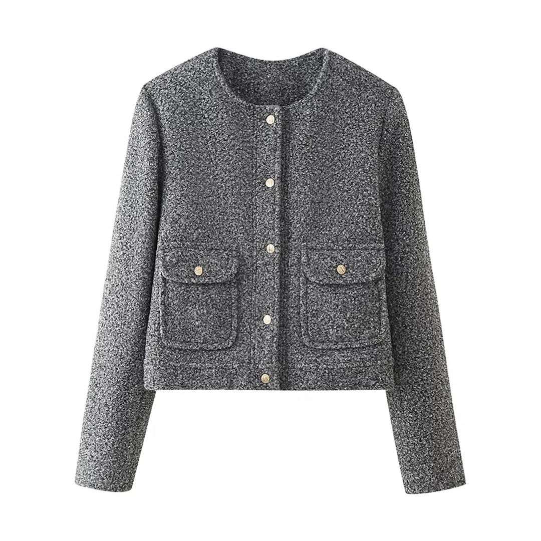 Damen nan kurz geschnittene Bouclé-Jacke mit cleanem Rundhalsausschnitt, aufgesetzten Fronttaschen und dezenten Metallknöpfen Drune