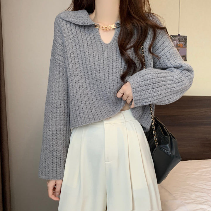 Damen lässiger Pullover mit V-Ausschnitt und Rippstruktur Drune
