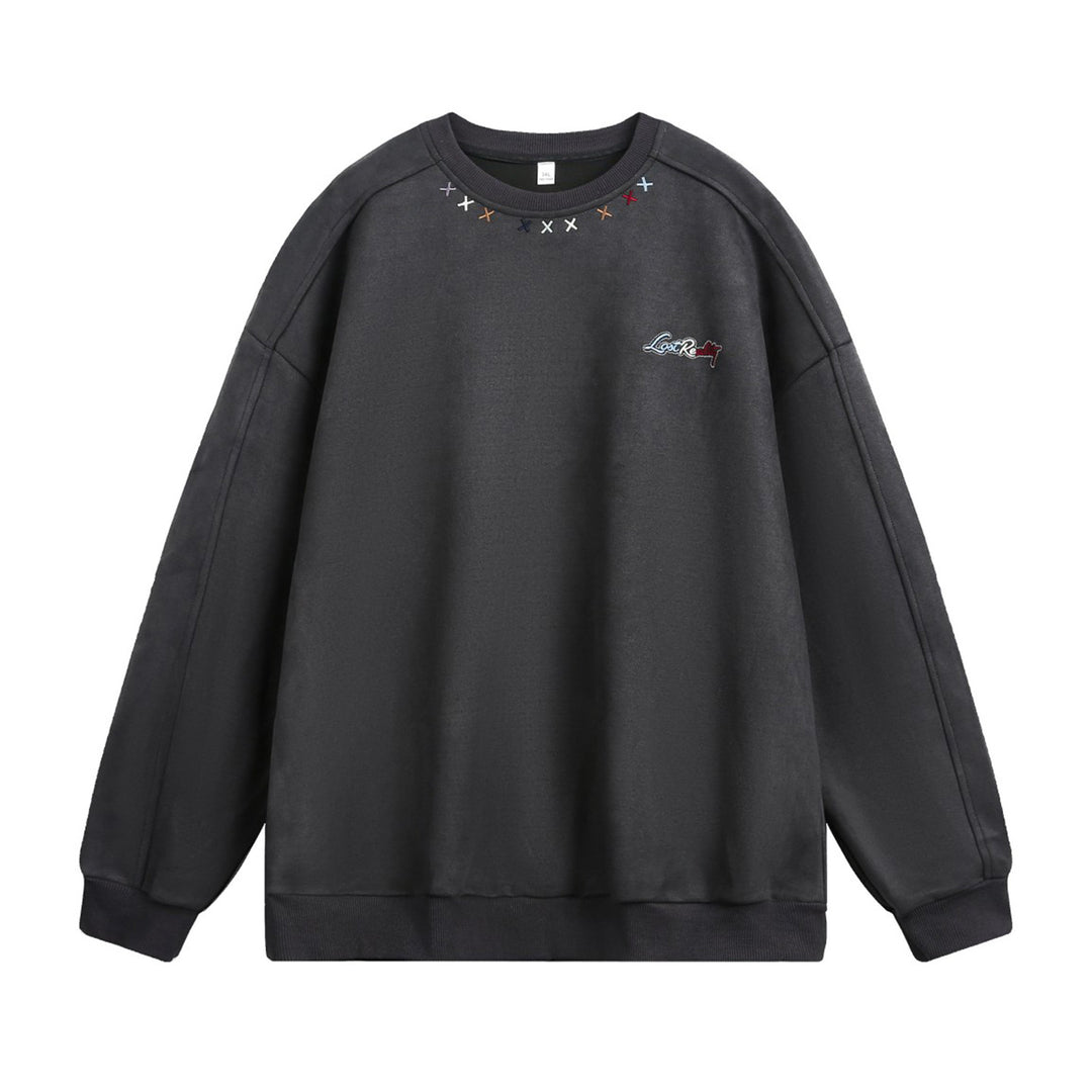 Unisex Oversize Rundhals-Sweatshirt mit bunter Kragenstickerei und Drop-Shoulder Drune