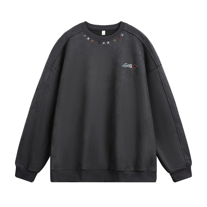 Unisex Oversize Rundhals-Sweatshirt mit bunter Kragenstickerei und Drop-Shoulder Drune