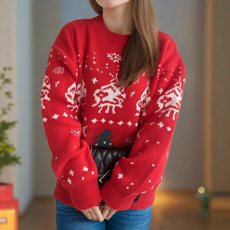 Damen gestrickter Weihnachtspullover mit festlichen Motiven und lässigem Schnitt Drune