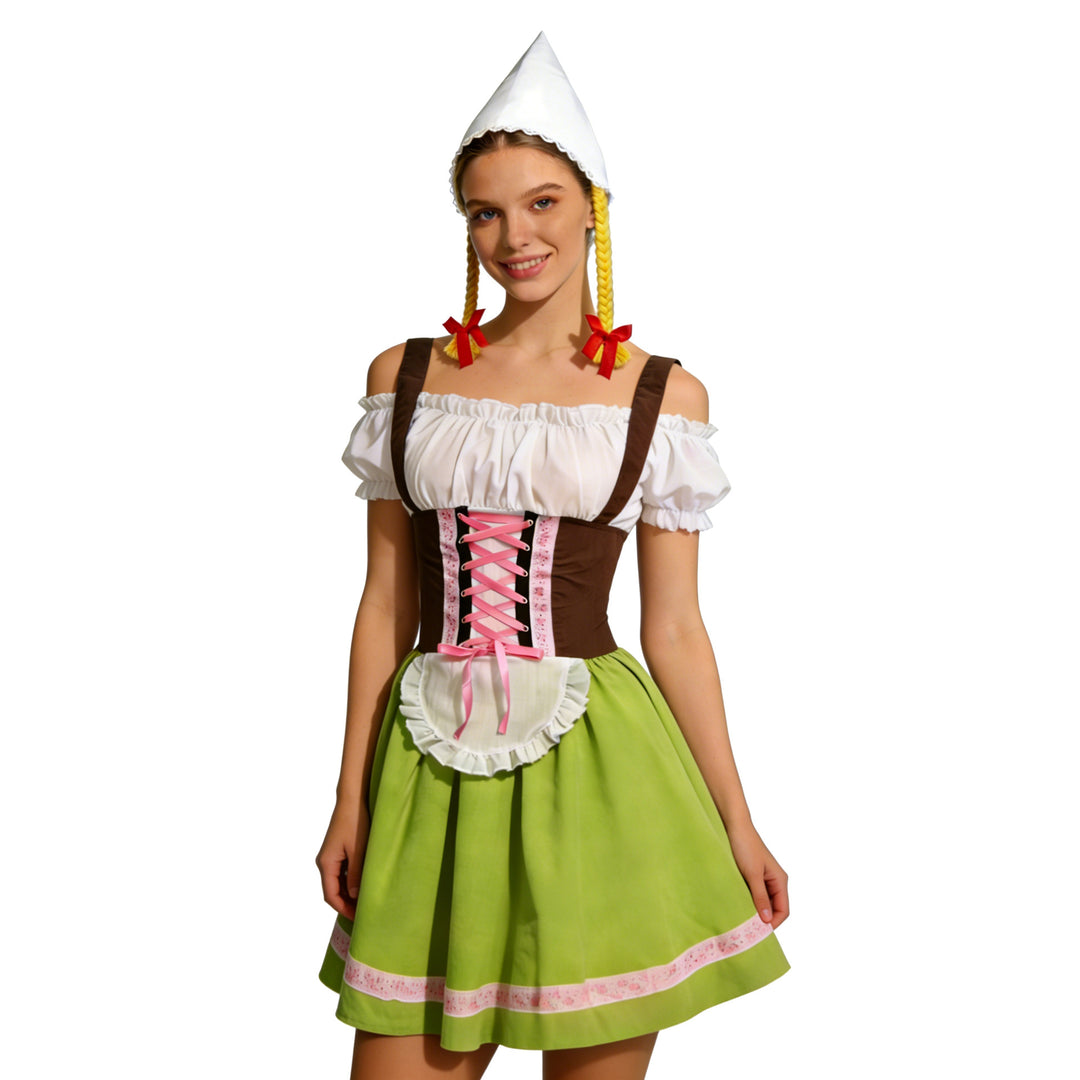 Damen nan bayerisches Oktoberfest-Biermädchen-Kostüm mit geschnürtem Mieder Puffärmeln und mehrlagigem Rock Drune