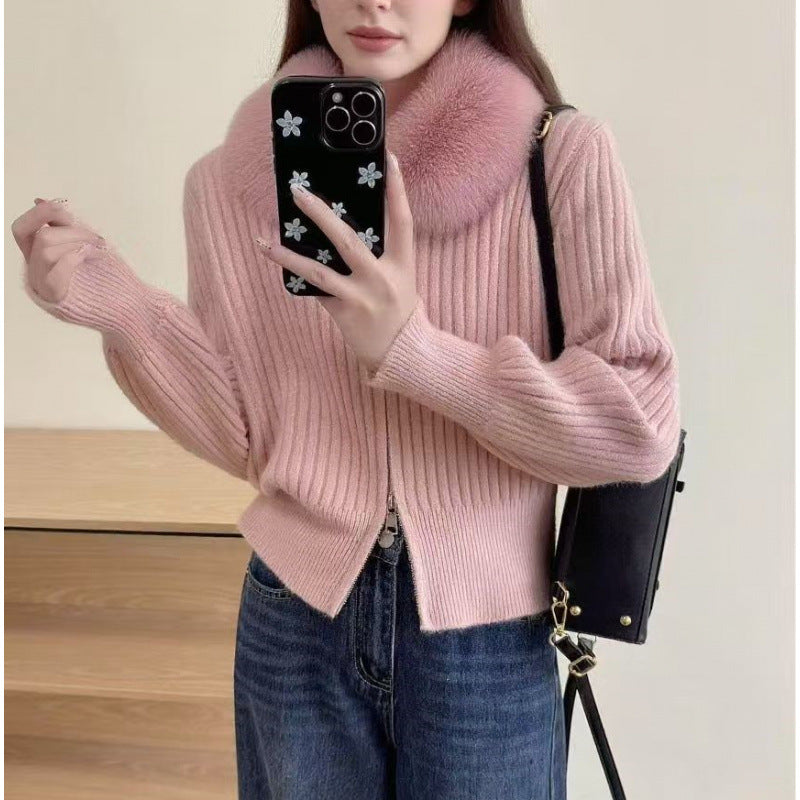 Damen Strickjacke mit hochwertigem Kunstfellkragen und eleganter Rippstruktur Drune