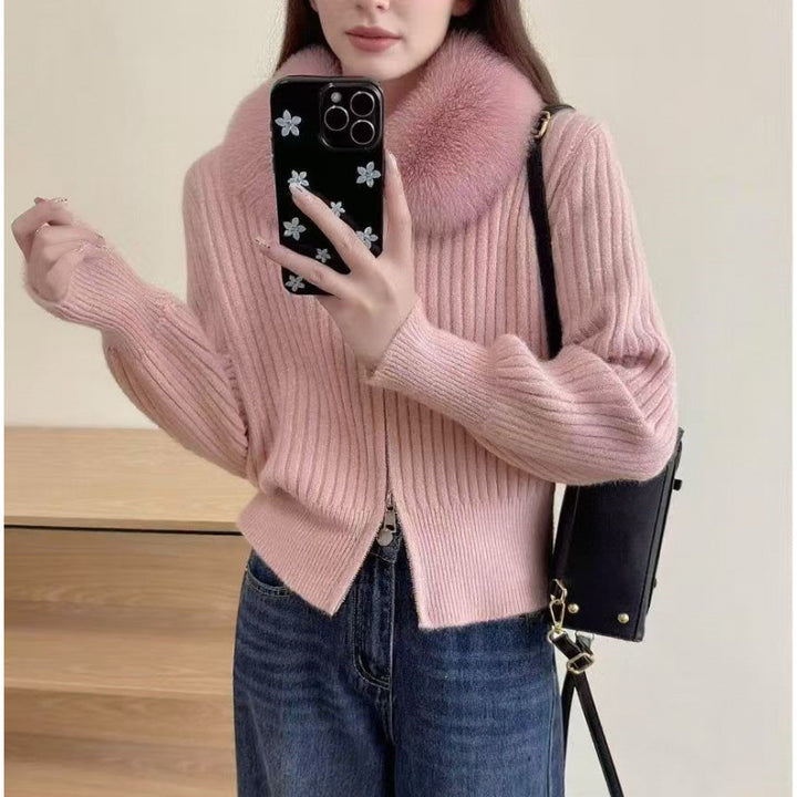 Damen Strickjacke mit hochwertigem Kunstfellkragen und eleganter Rippstruktur Drune