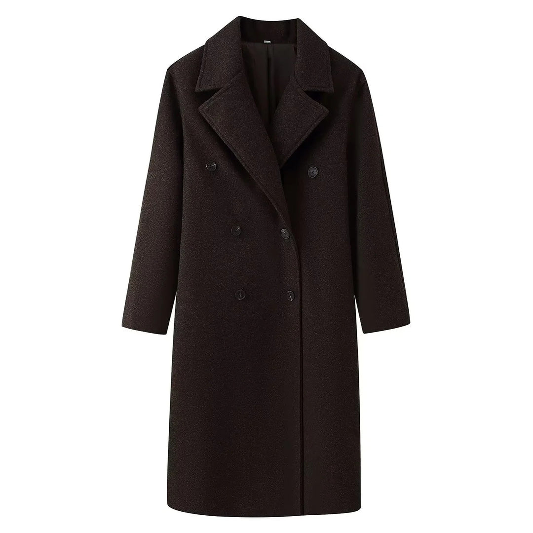 Damen nan langer minimalistischer Doppelreiher Wollmix-Mantel mit Schalkragen und seitlichen Eingrifftaschen Drune