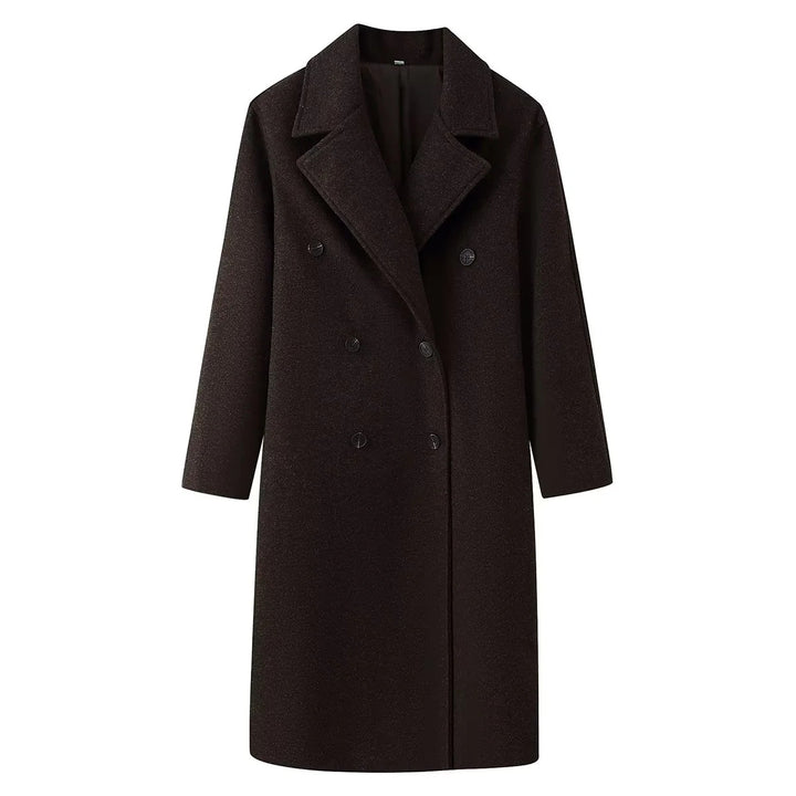 Damen nan langer minimalistischer Doppelreiher Wollmix-Mantel mit Schalkragen und seitlichen Eingrifftaschen Drune