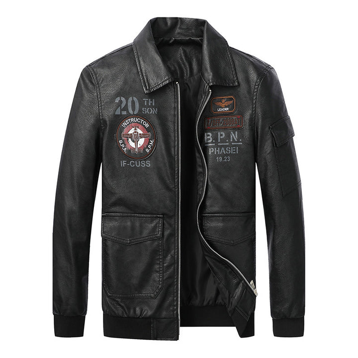 Herren Pilotenblouson im Vintage-Lederlook mit Patch‑Applikationen, Pattentaschen und Ärmel‑Utilityfach Drune