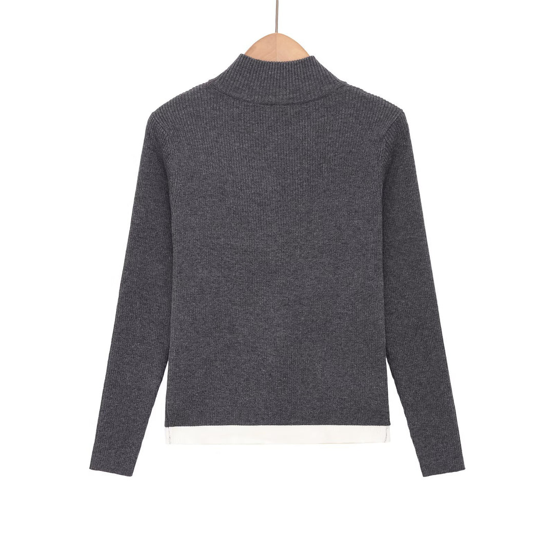 Damen Feinstrickpullover mit halbem Reißverschluss, Stehkragen und Lagenlook-Saum Drune